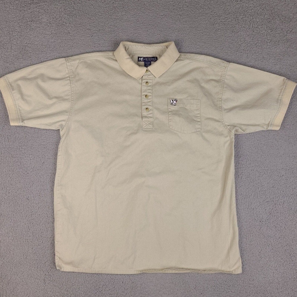 Vintage Big Dogs Polo Shirt Mens XL Beige Chambray Short Sleeve Cotton